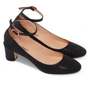 Repetto Black Shimmer Textured Round Toe Ankle Strap Rose Gold Block Heel 40